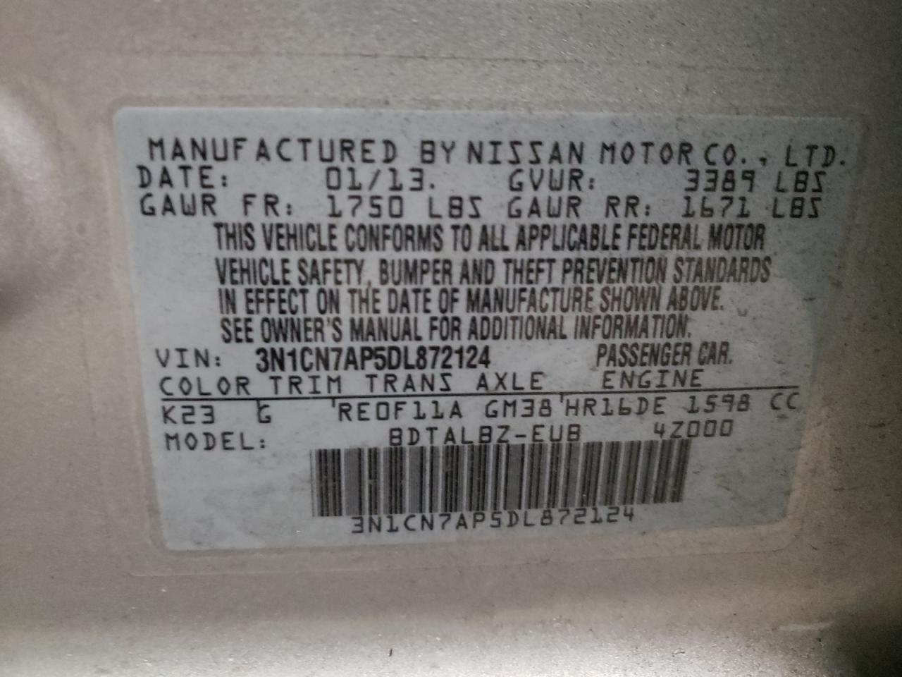 2013 NISSAN VERSA S VIN: 3N1CN7AP5DL872124