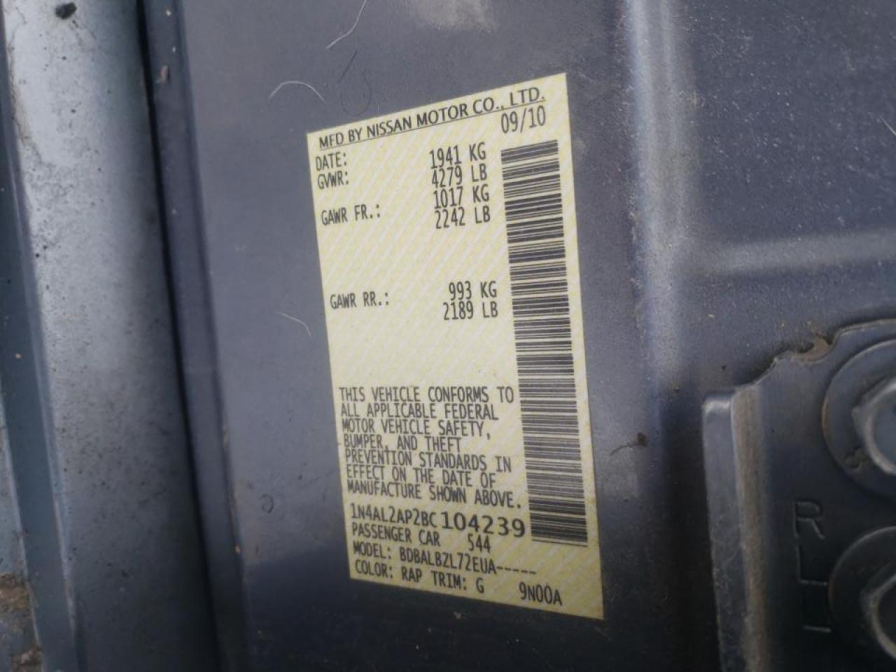 2011 NISSAN ALTIMA BASE VIN: 1N4AL2AP2BC104239