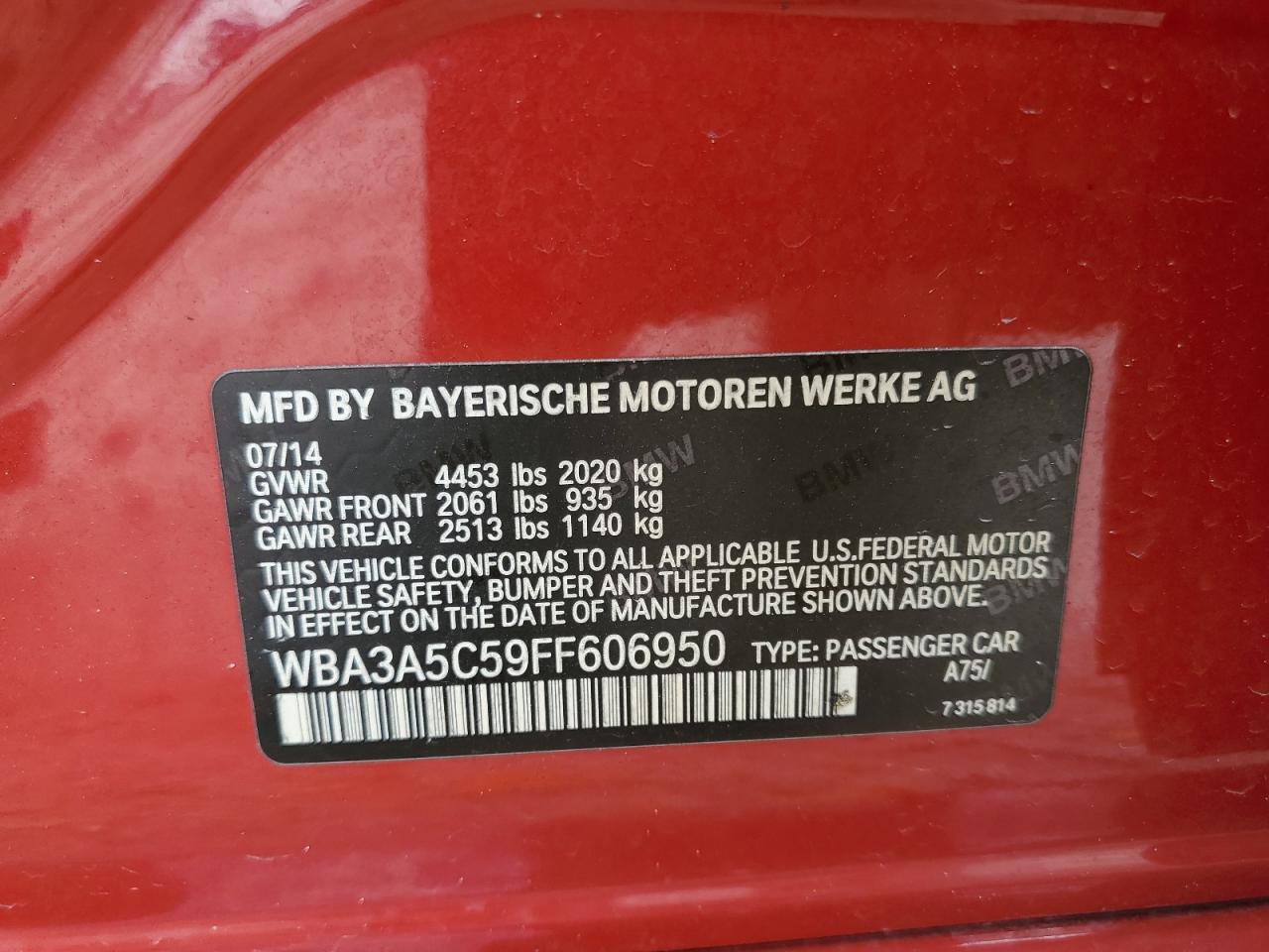 2015 BMW 328 I VIN: WBA3A5C59FF606950
