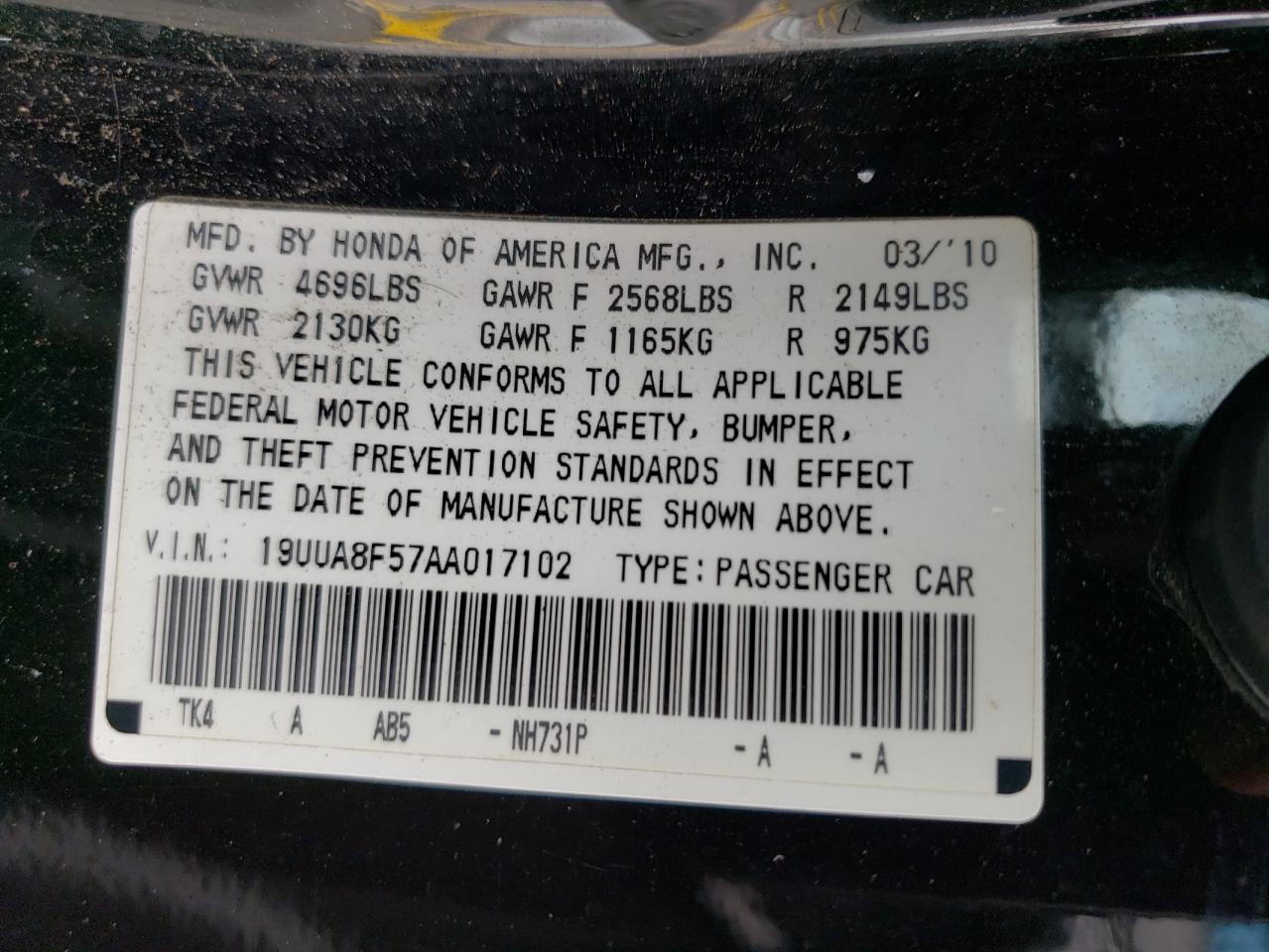2010 ACURA TL VIN: 19UUA8F57AA017102