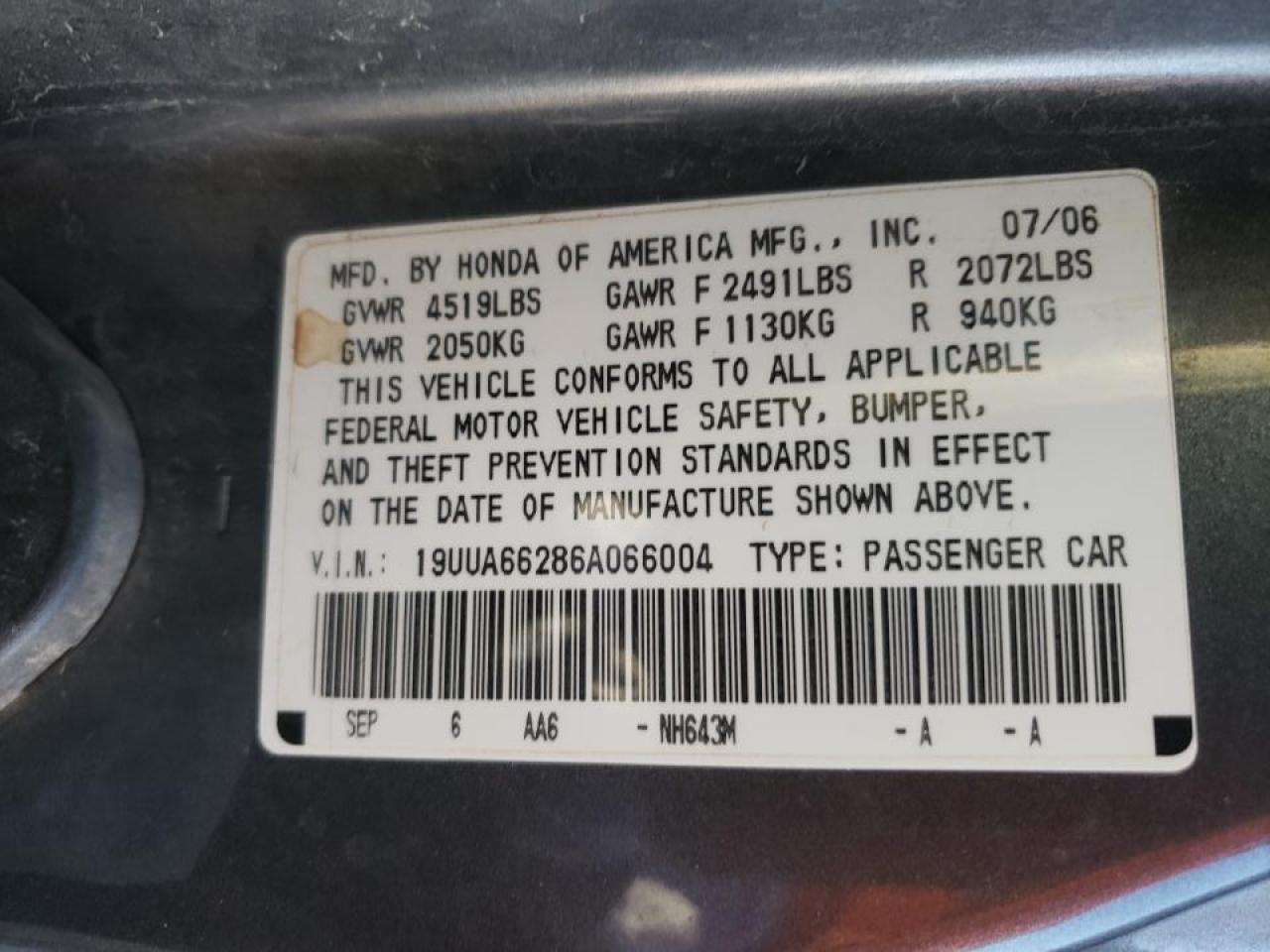 2006 ACURA 3.2TL VIN: 19UUA66286A066004