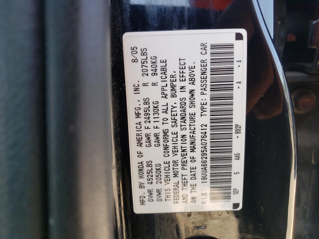 2005 ACURA TL VIN: 19UUA66295A076412