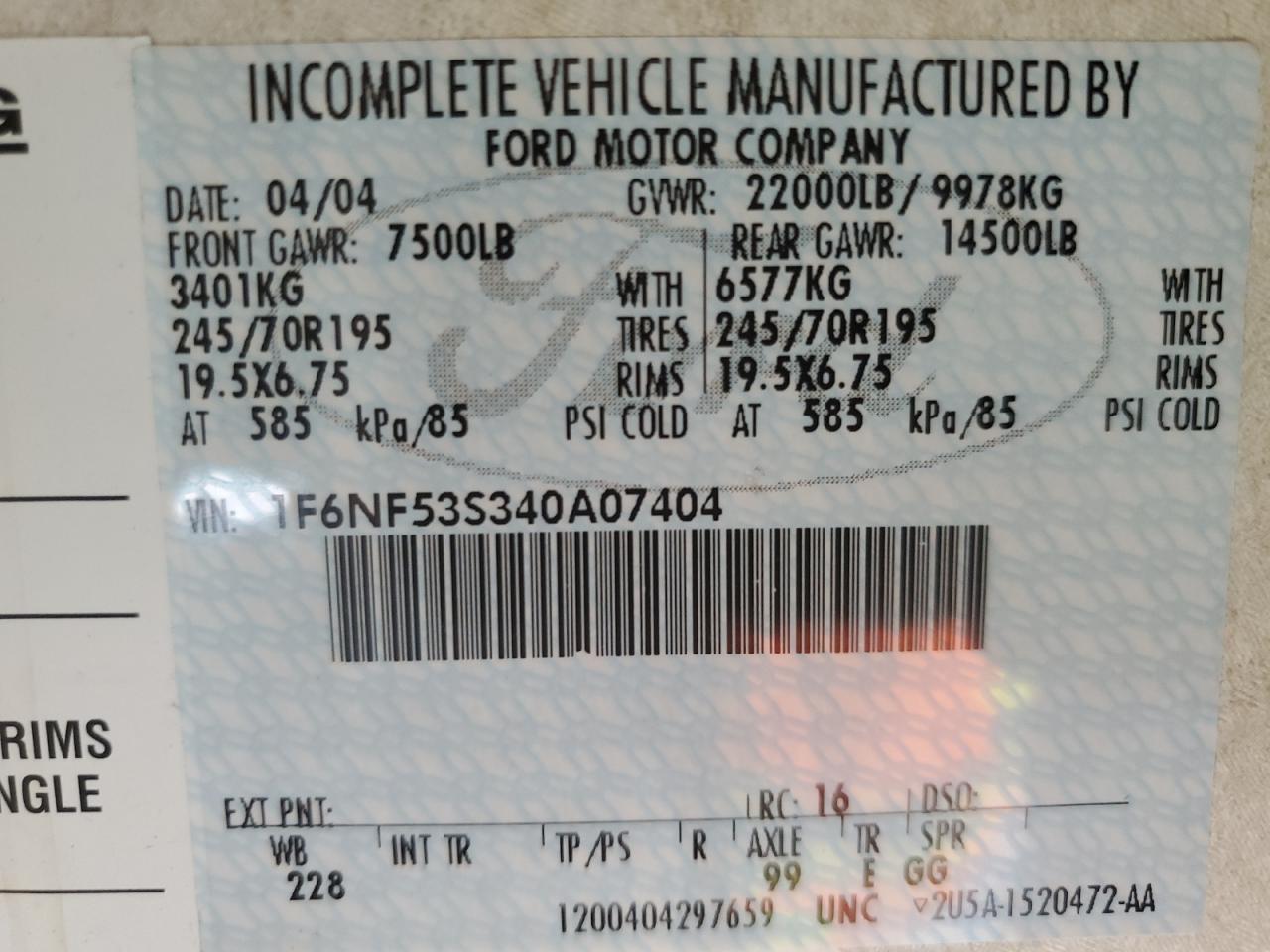2005 FLAI FORD F550 SUPER DUTY STRIPPED CHASSIS VIN: 1F6NF53S340A07404
