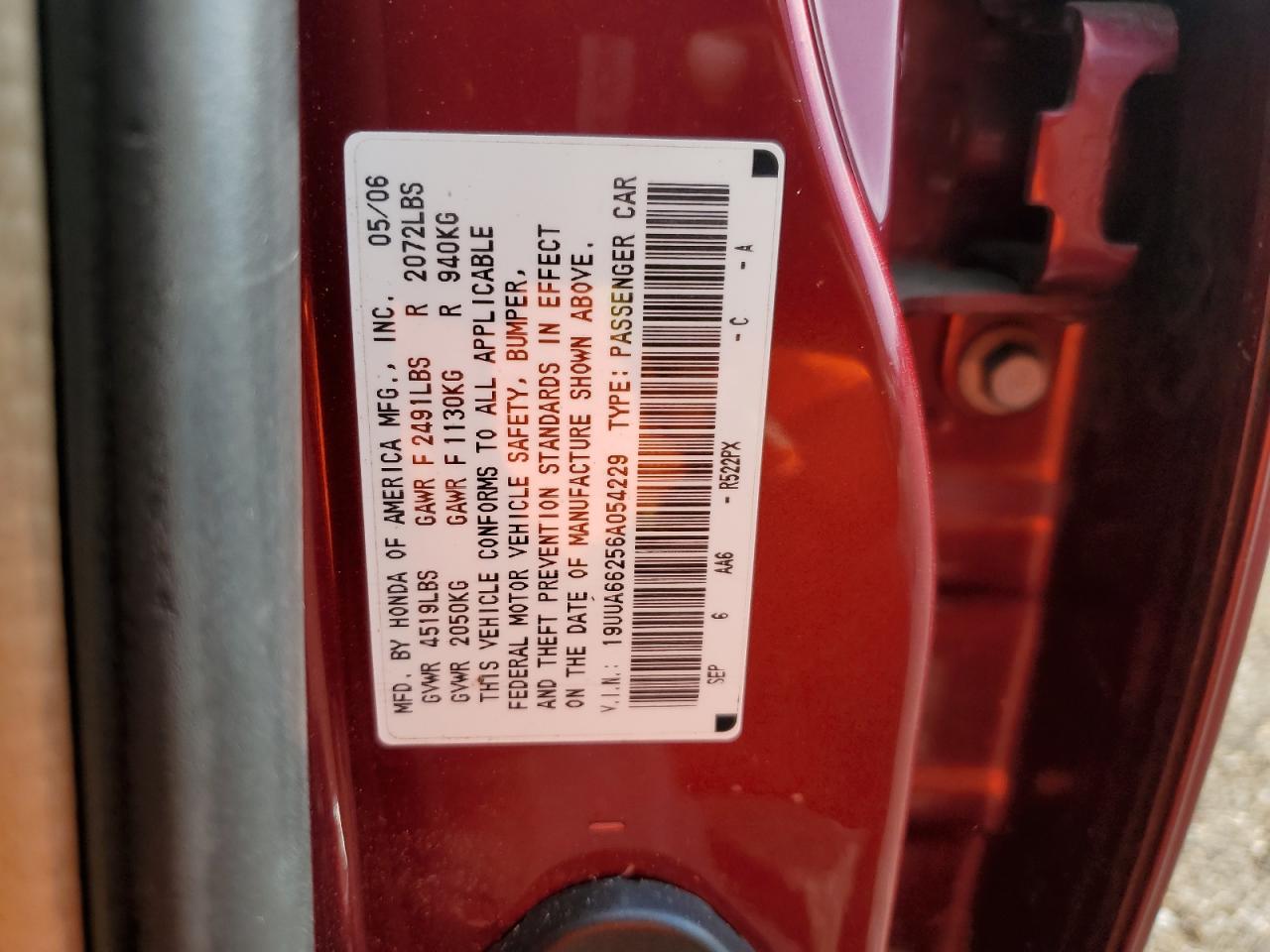 2006 ACURA 3.2TL VIN: 19UUA66256A054229
