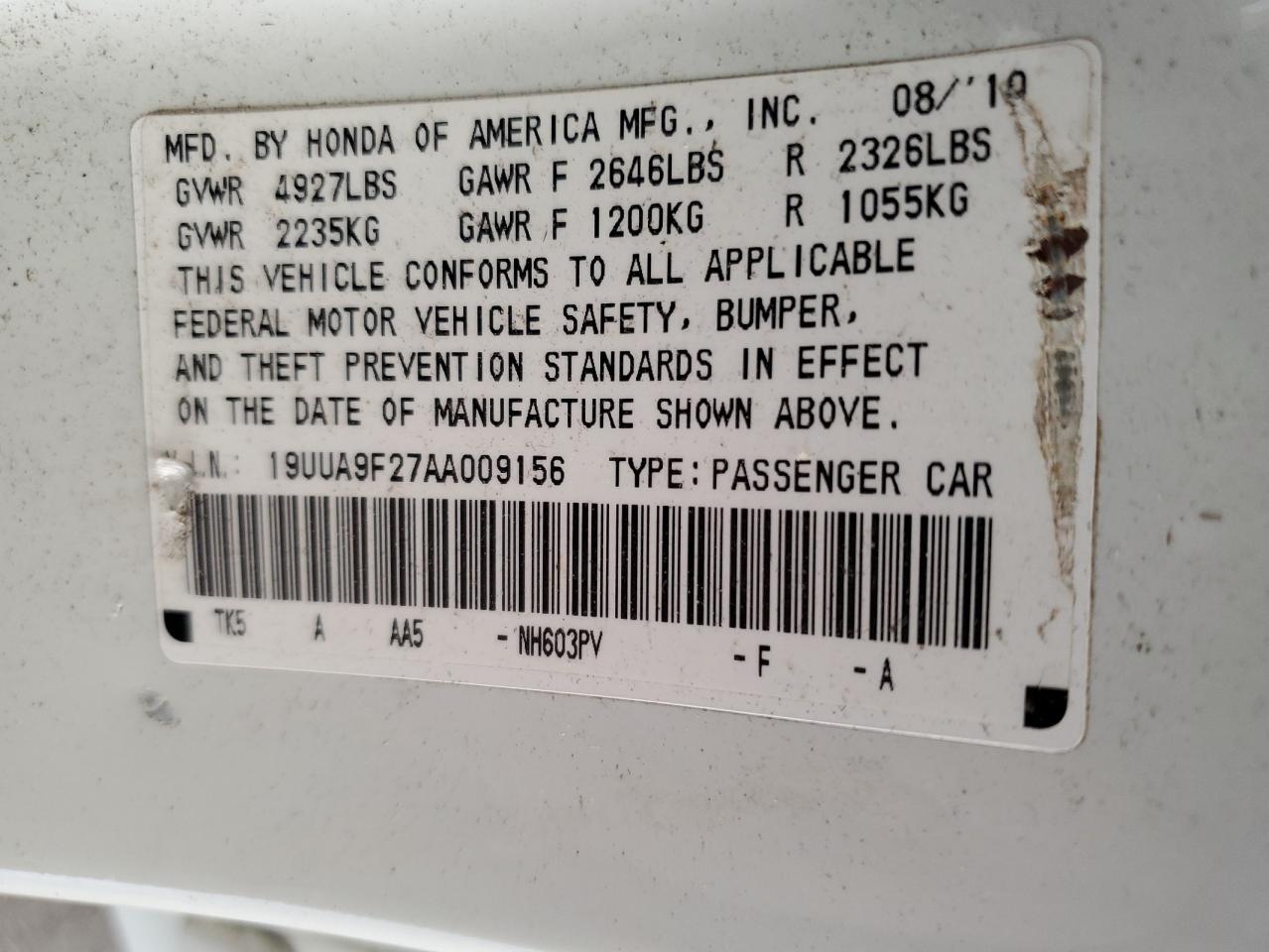 2010 ACURA TL VIN: 19UUA9F27AA009156