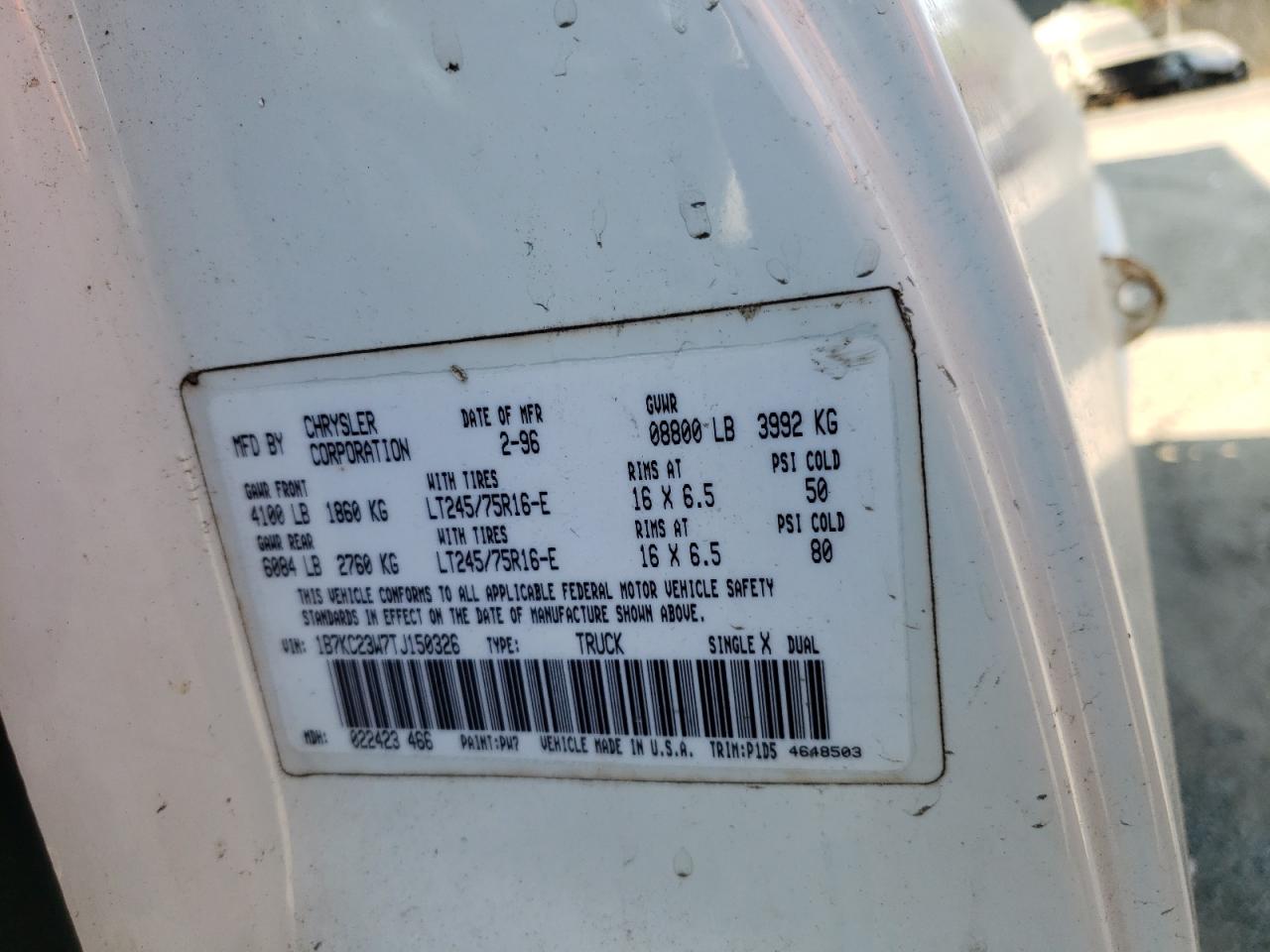 1996 DODGE RAM 2500 VIN: 1B7KC23W7TJ150326