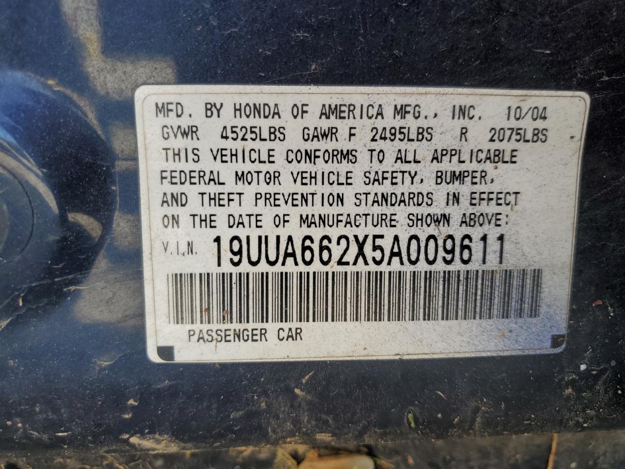 2005 ACURA TL VIN: 19UUA662X5A009611