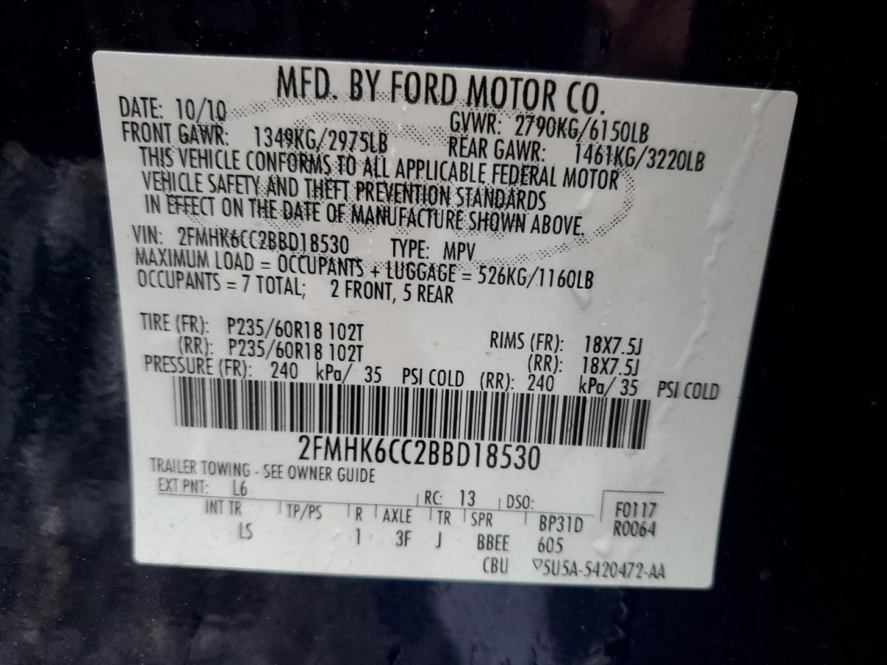 2011 FORD FLEX SEL VIN: 2FMHK6CC2BBD18530
