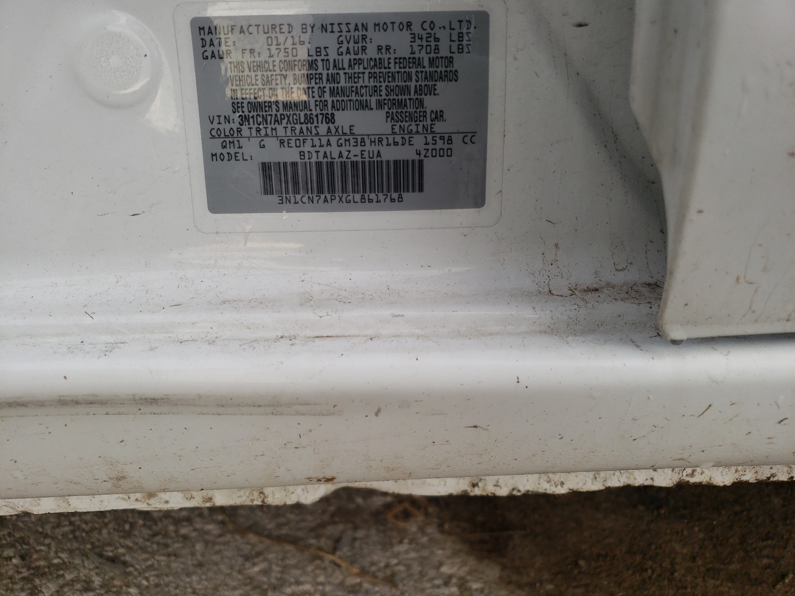 3N1CN7APXGL861768 NISSAN VERSA 2016