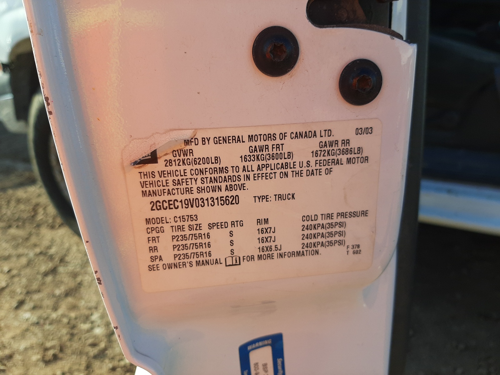 2003 Chevrolet Silverado C1500 VIN: 2GCEC19V031315620 Lot: 43824655