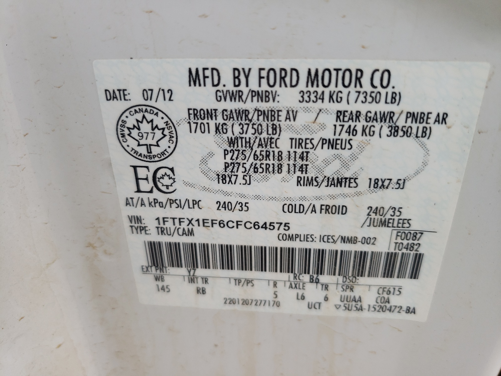 2012 Ford F150 Super Cab VIN: 1FTFX1EF6CFC64575 Lot: 61547045