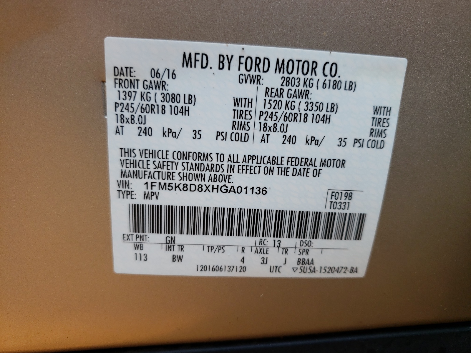 1FM5K8D8XHGA01136 FORD EXPLORER 2017