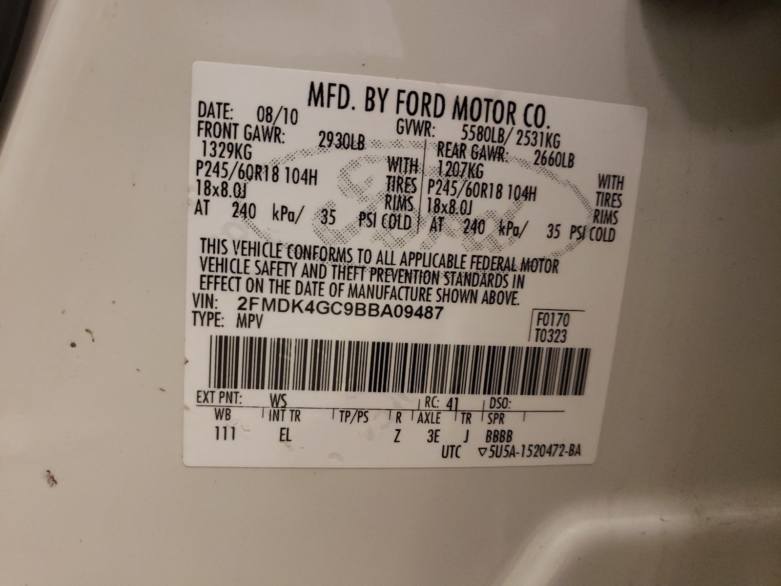 2011 Ford Edge Se VIN: 2FMDK4GC9BBA09487 Lot: 74294683