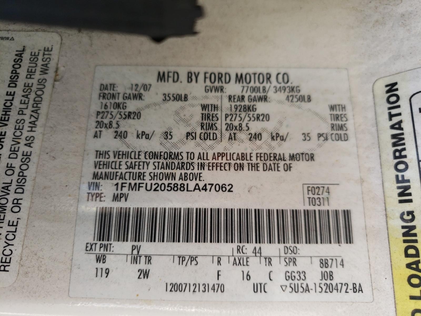 2008 Ford Expedition Limited VIN: 1FMFU20588LA47062 Lot: 72457983