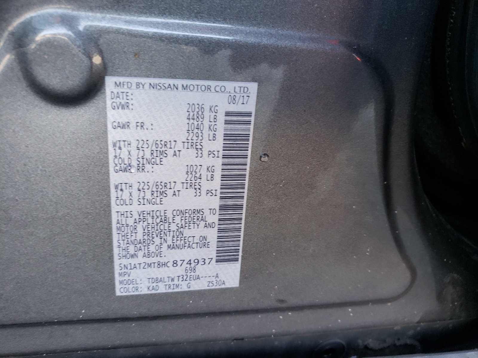 5N1AT2MT8HC874937 NISSAN ROGUE 2017
