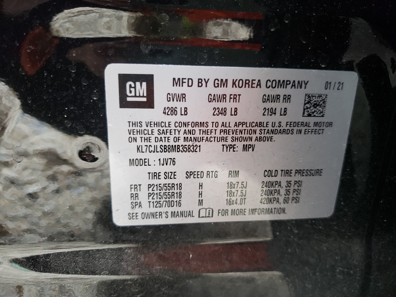 2021 Chevrolet Trax 1Lt VIN: KL7CJLSB8MB358321 Lot: 58997041