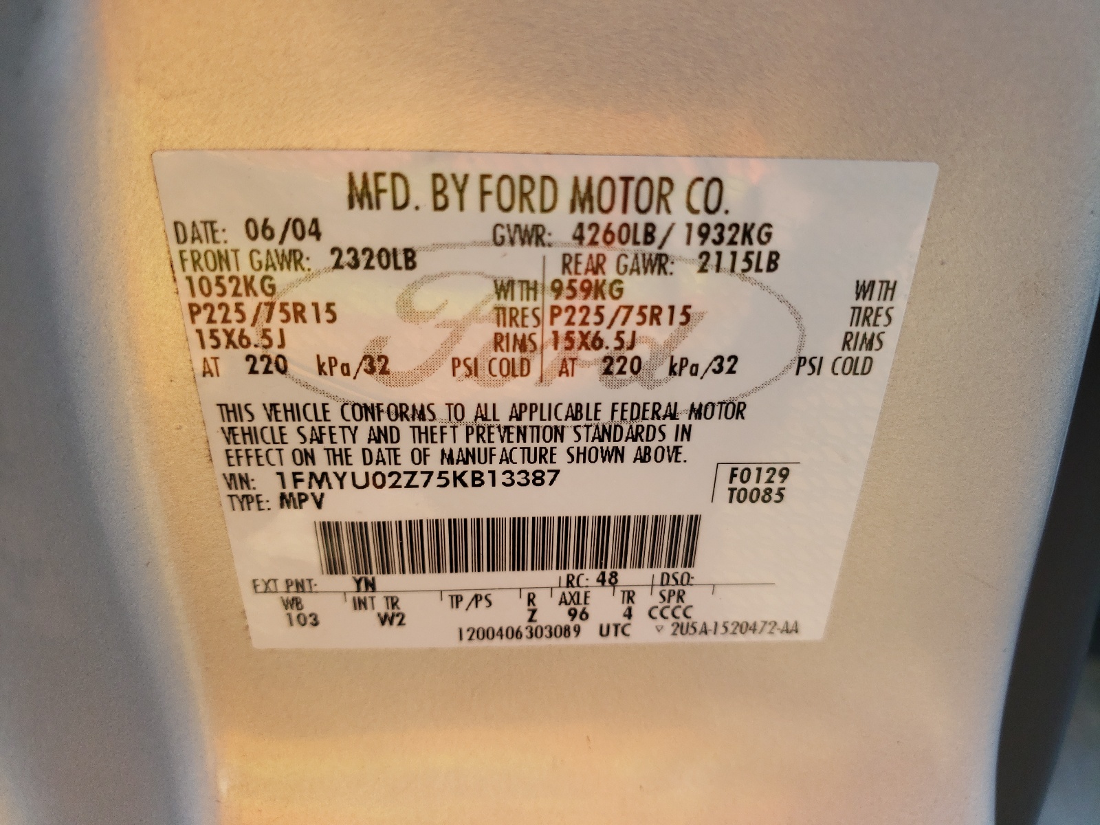 2005 Ford Escape Xls VIN: 1FMYU02Z75KB13387 Lot: 40399594