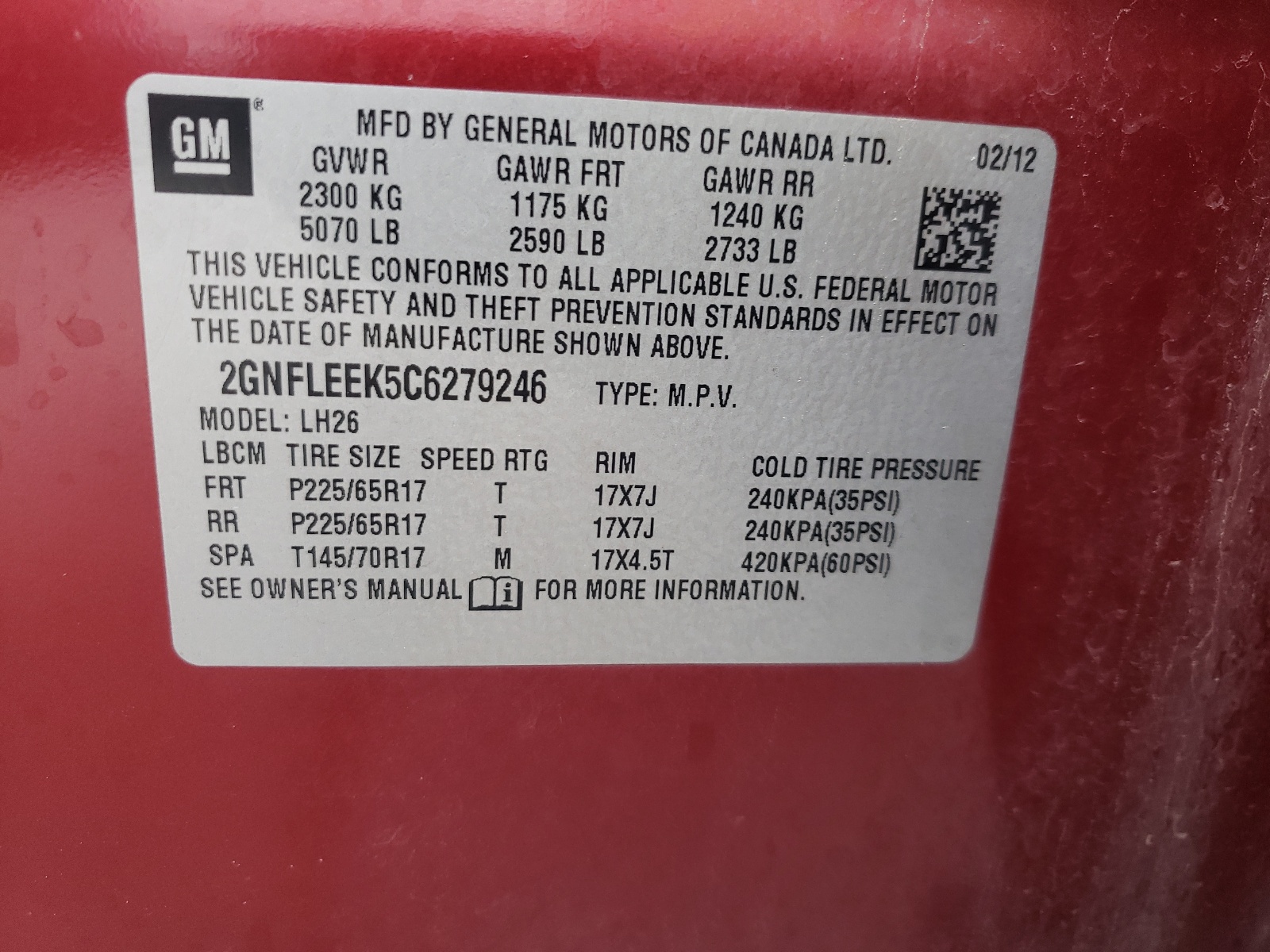 2012 Chevrolet Equinox Lt VIN: 2GNFLEEK5C6279246 Lot: 60247831