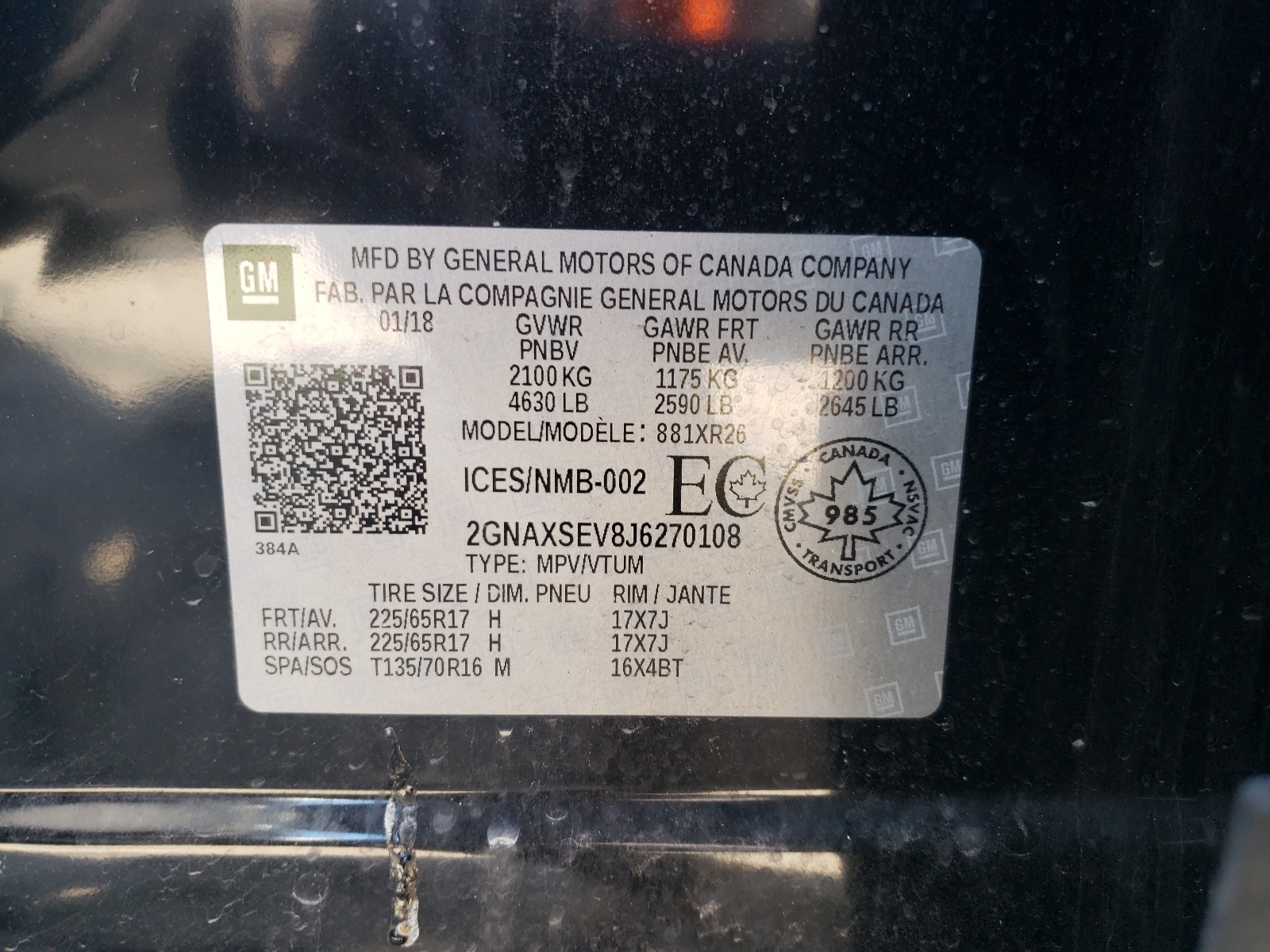 2GNAXSEV8J6270108 CHEVROLET EQUINOX 2018