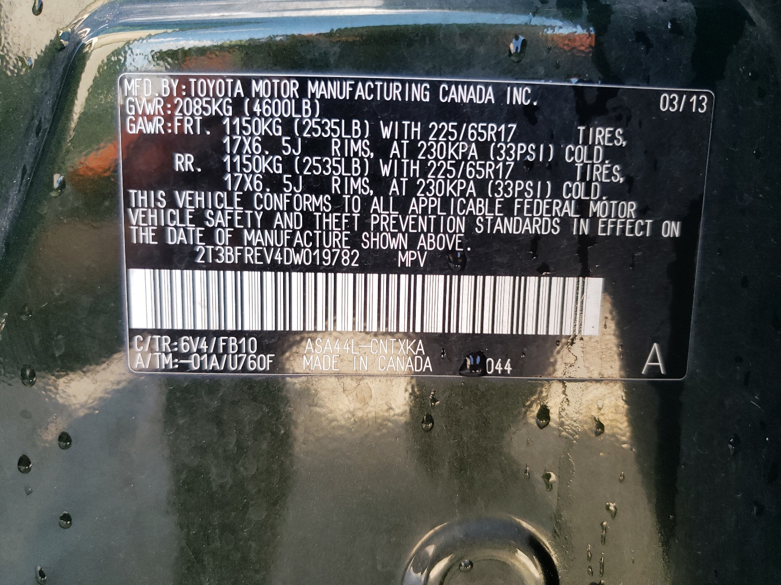 2013 Toyota Rav4 Le VIN: 2T3BFREV4DW019782 Lot: 61819941