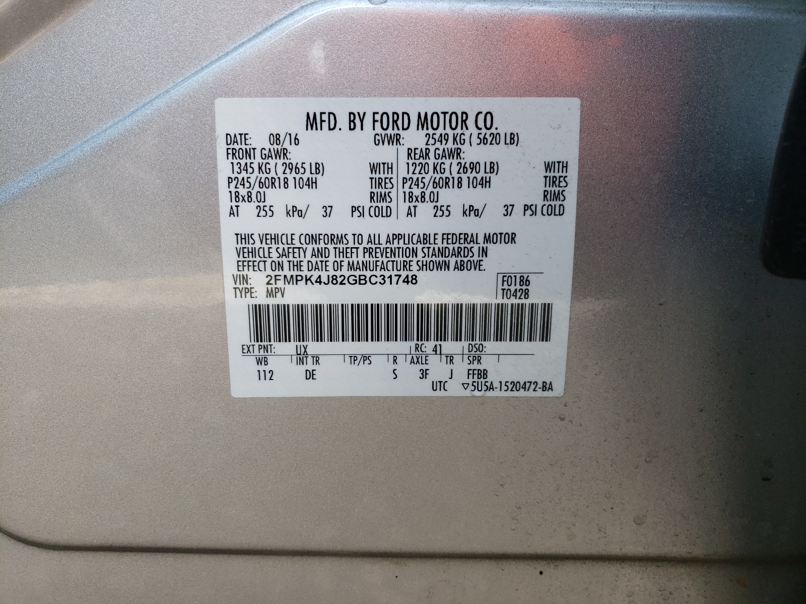 2FMPK4J82GBC31748 FORD EDGE 2016