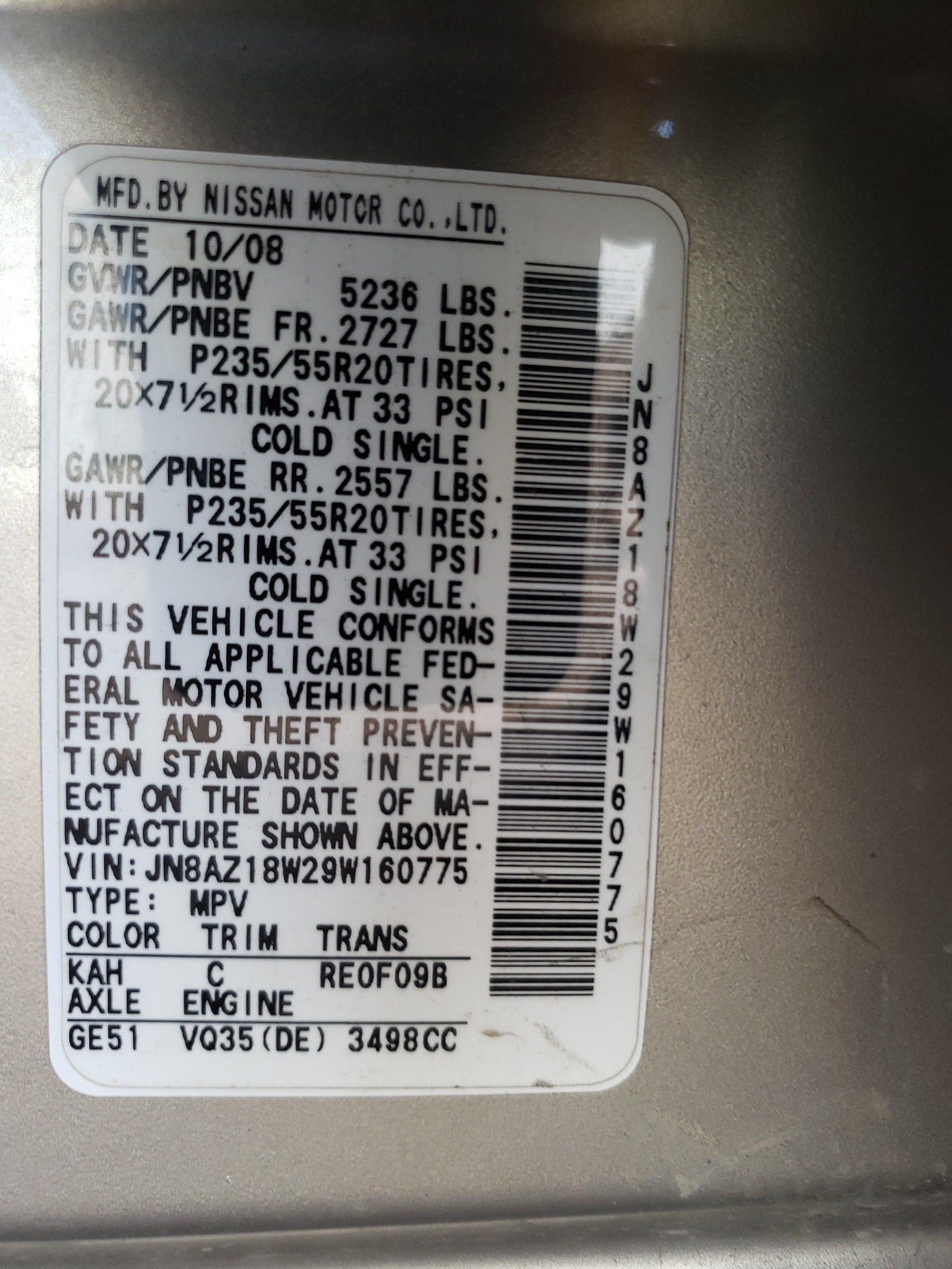 2009 Nissan Murano S VIN: JN8AZ18W29W160775 Lot: 64914211