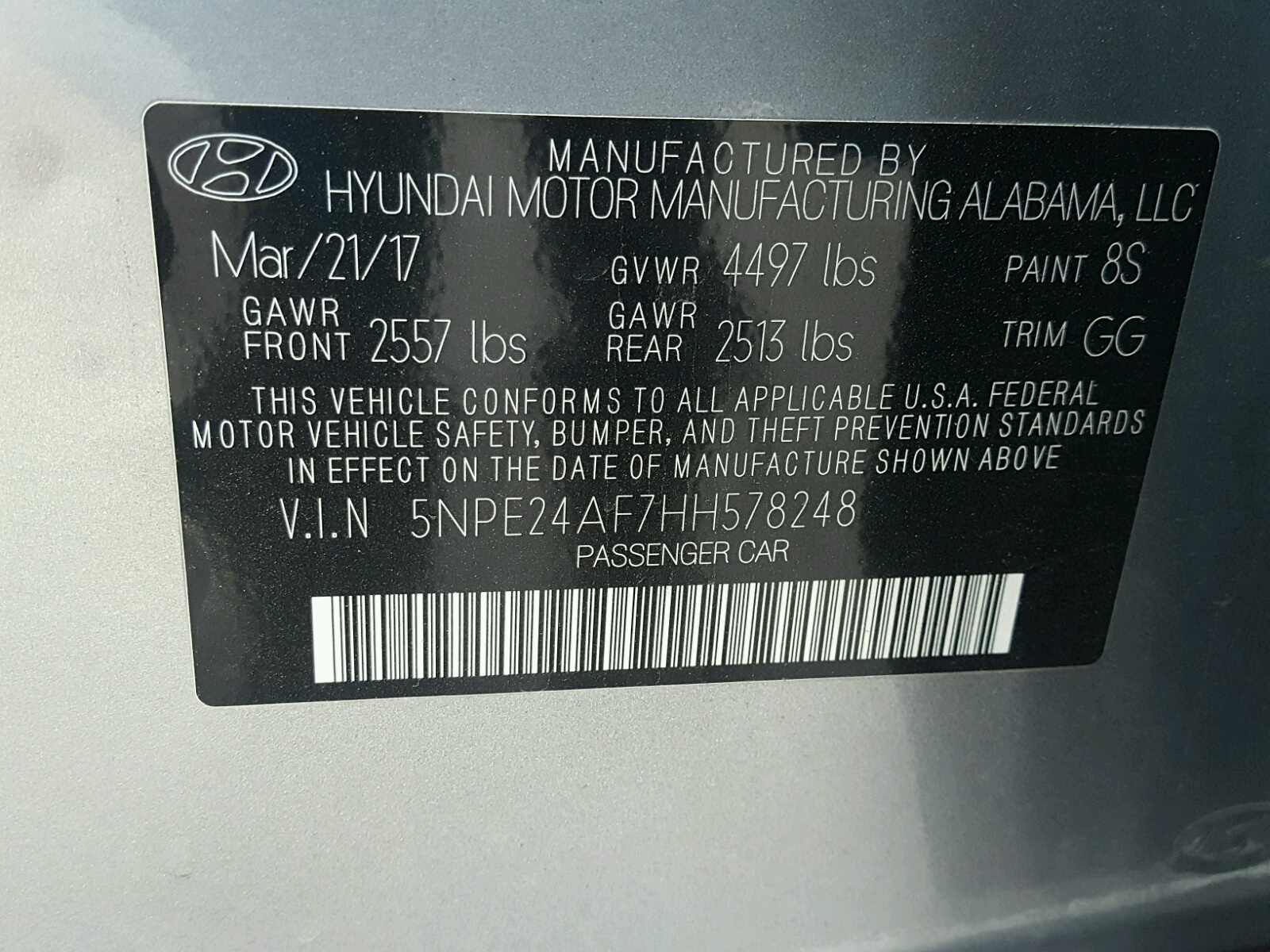 5NPE24AF7HH578248 2017 Hyundai Sonata Se