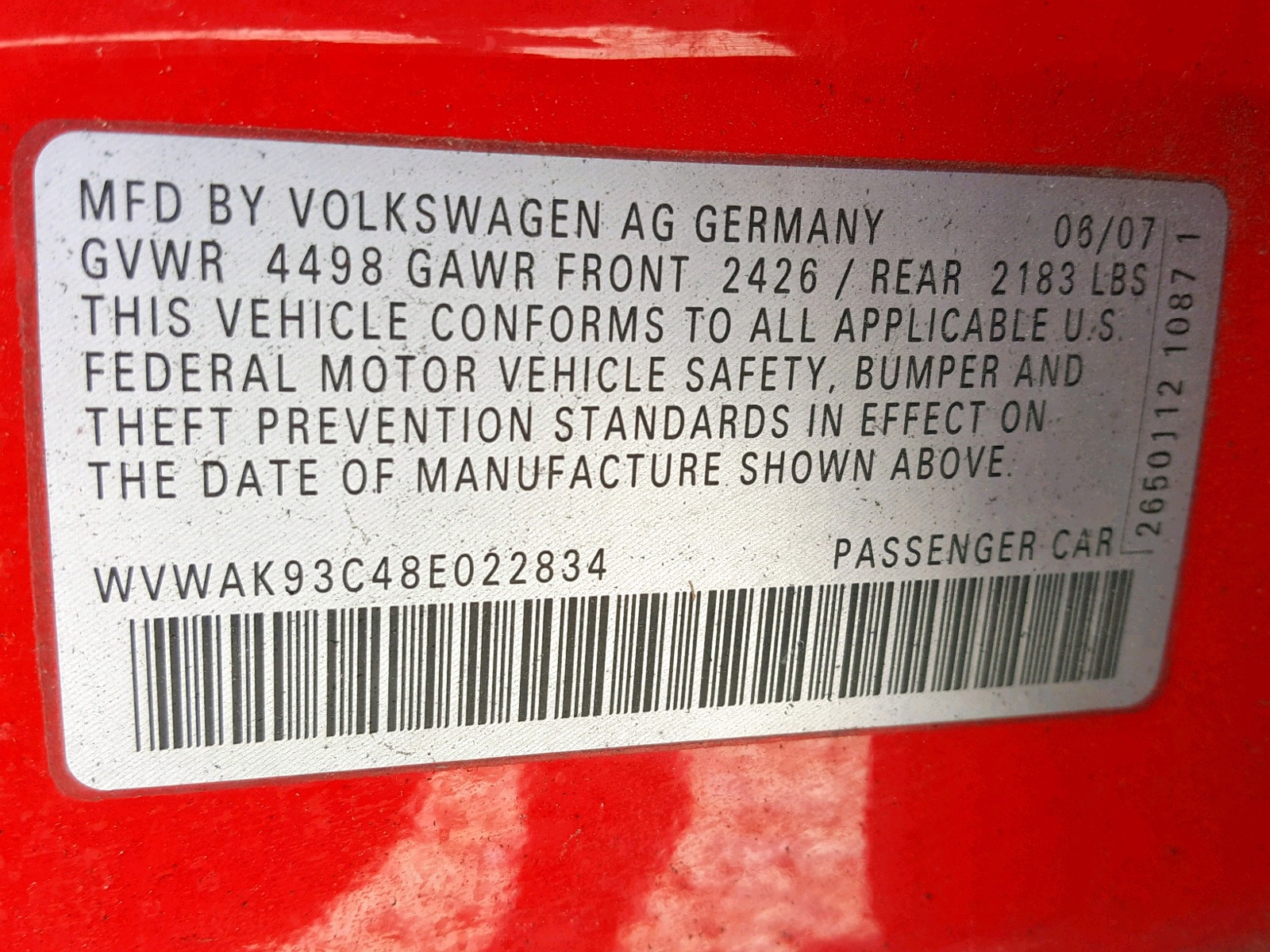 2008 Volkswagen Passat Komfort VIN: WVWAK93C48E022834 Lot: 34891919