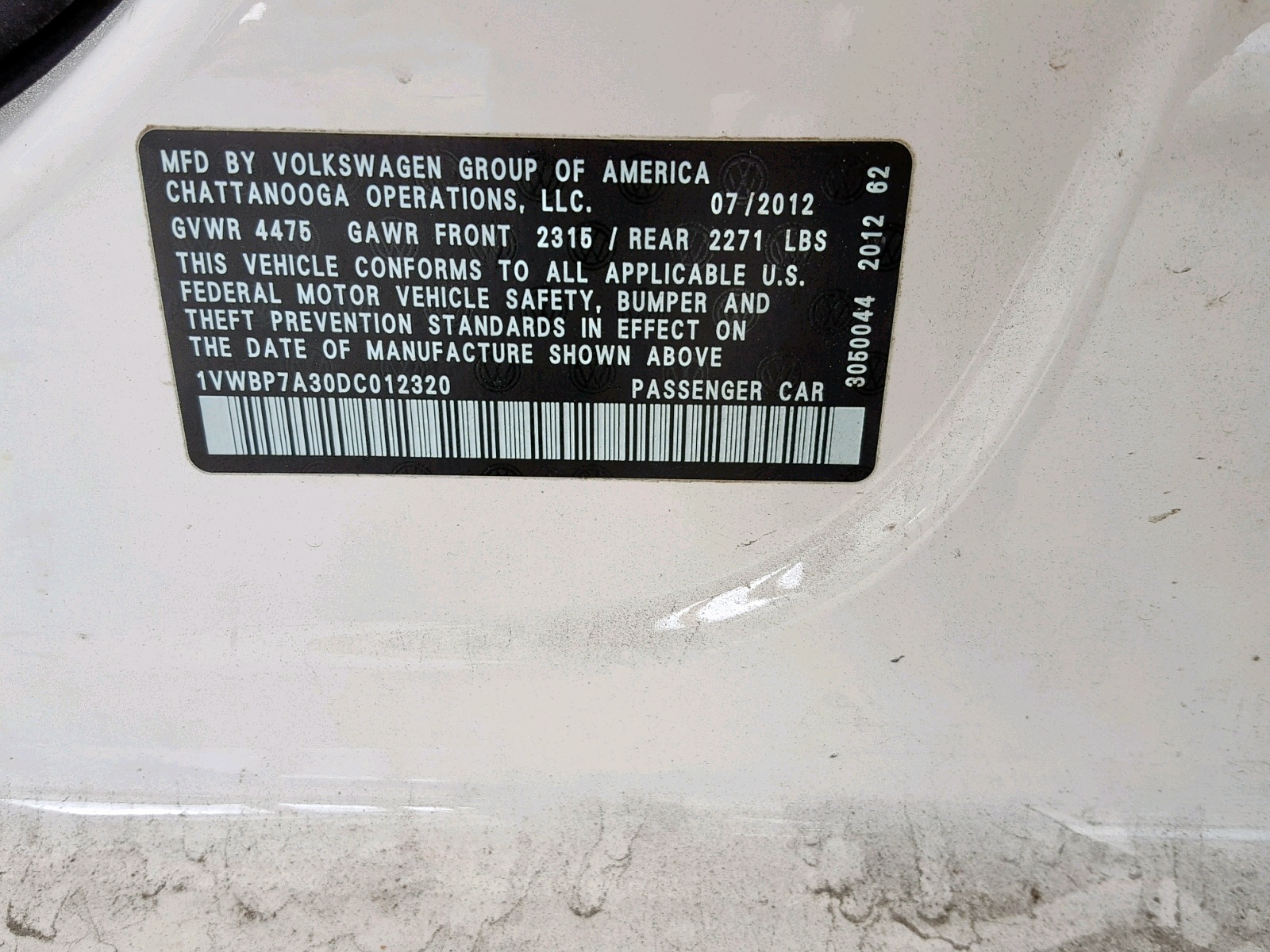 2013 Volkswagen Passat Se VIN: 1VWBP7A30DC012320 Lot: 35219799