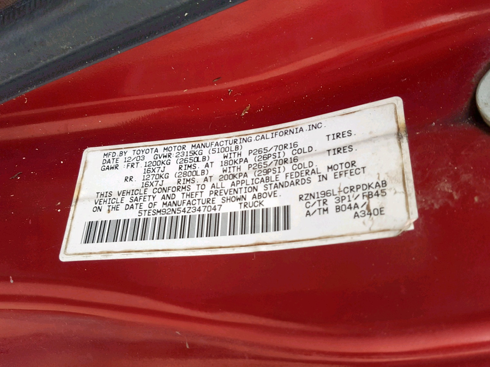 2004 Toyota Tacoma Xtracab Prerunner VIN: 5TESM92N54Z347047 Lot: 43590499