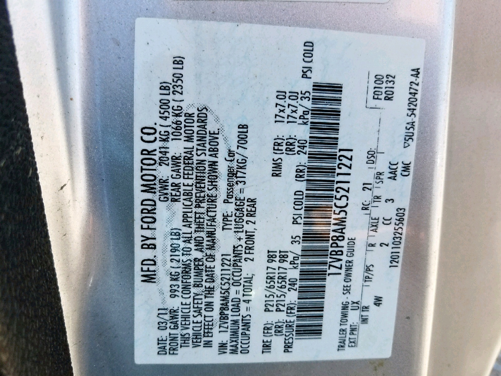 2012 Ford Mustang VIN: 1ZVBP8AM5C5211221 Lot: 47353859