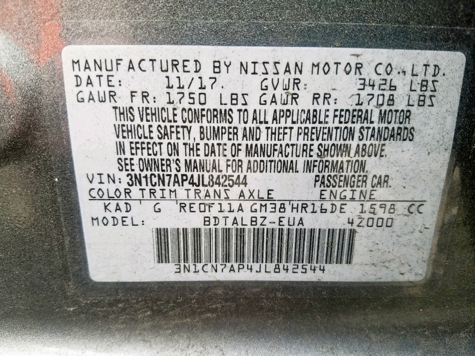 3N1CN7AP4JL842544 2018 Nissan Versa S