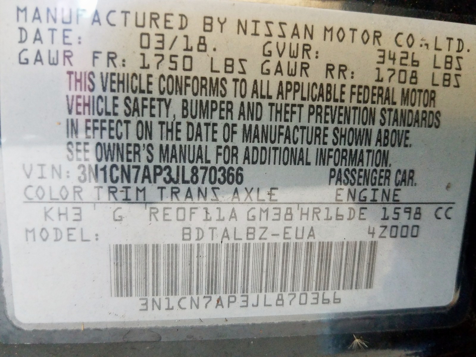 3N1CN7AP3JL870366 NISSAN VERSA 2018