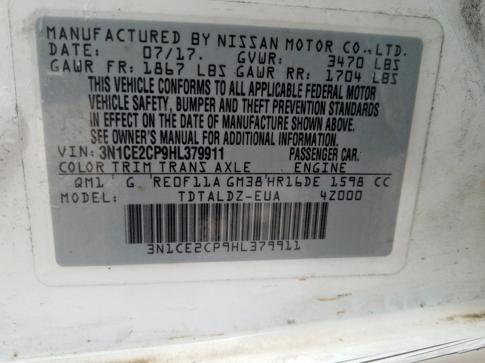 3N1CE2CP9HL379911 2017 Nissan Versa Note S