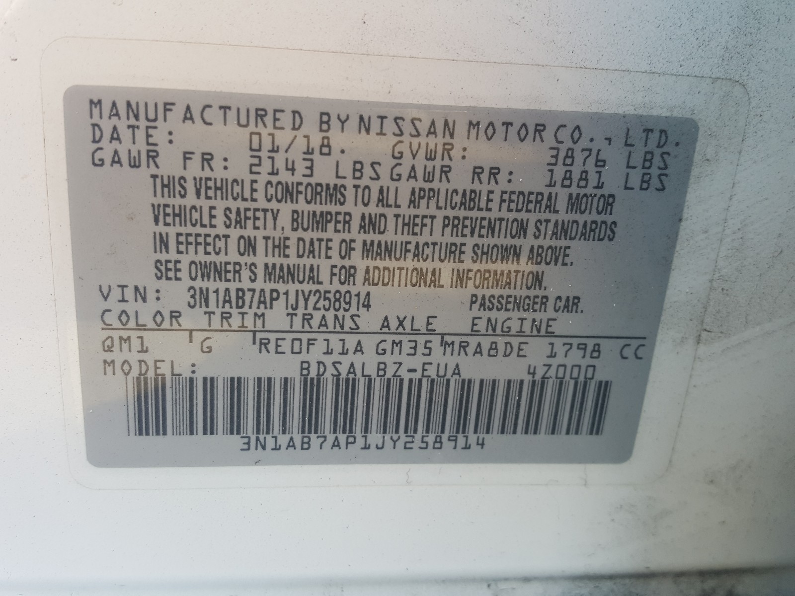 3N1AB7AP1JY258914 2018 Nissan Sentra S