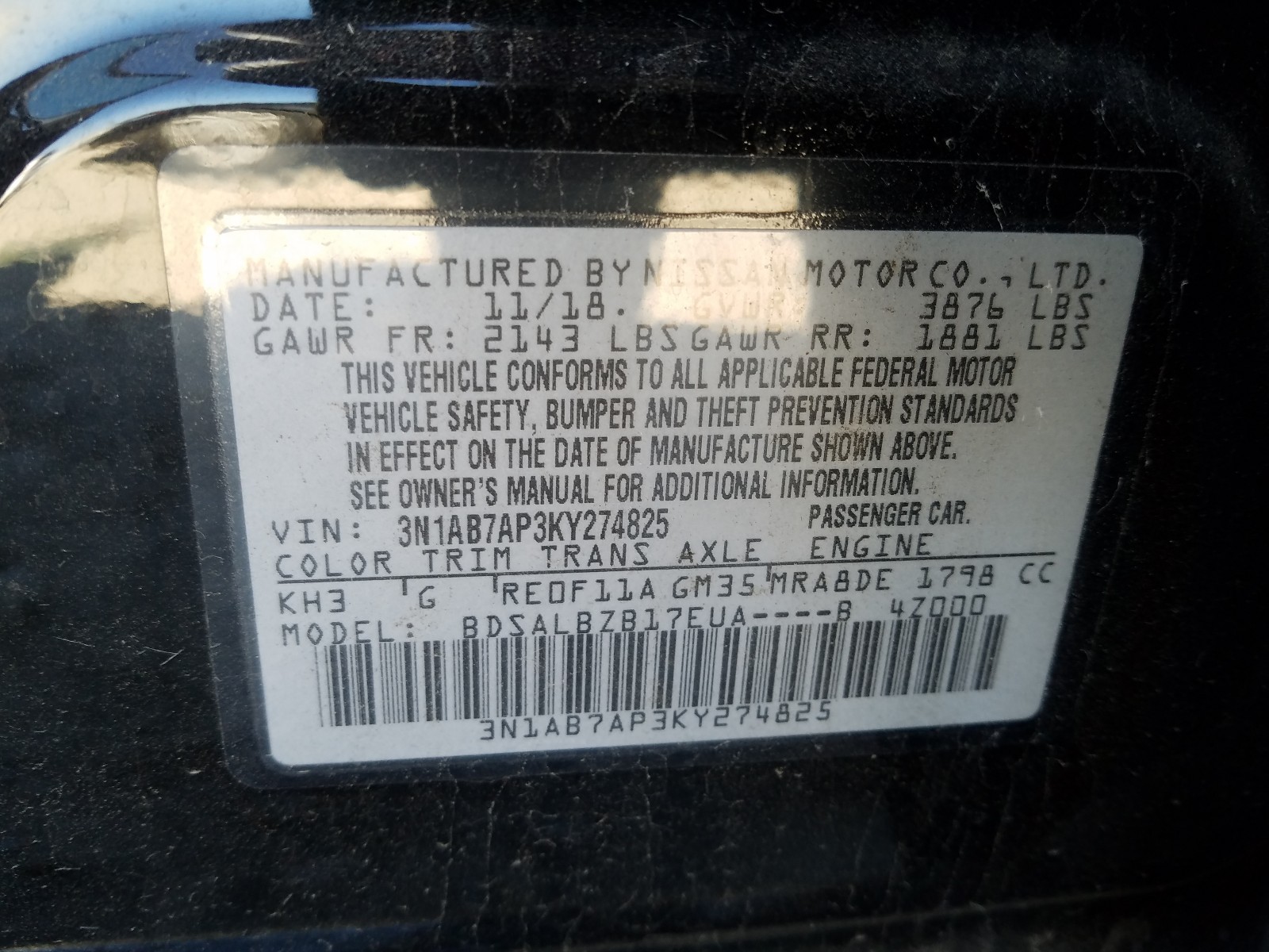 3N1AB7AP3KY274825 2019 Nissan Sentra S