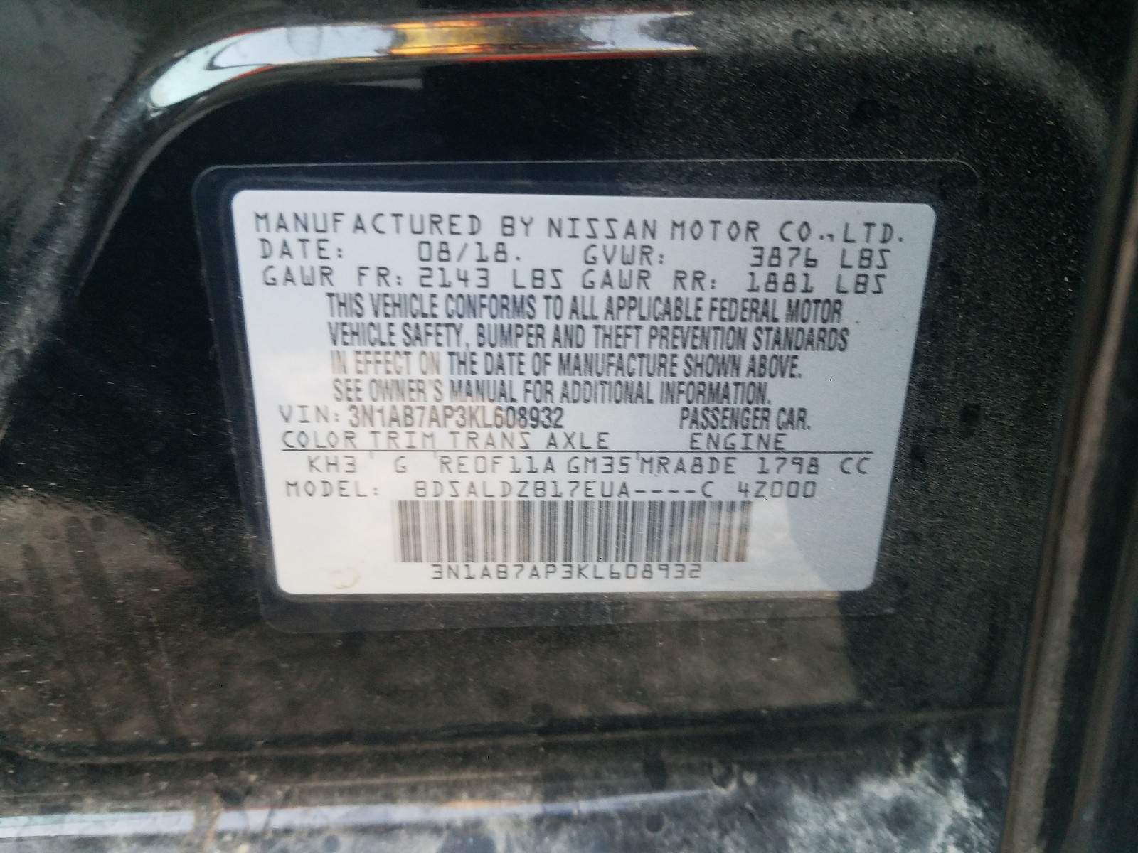 3N1AB7AP3KL608932 2019 Nissan Sentra S