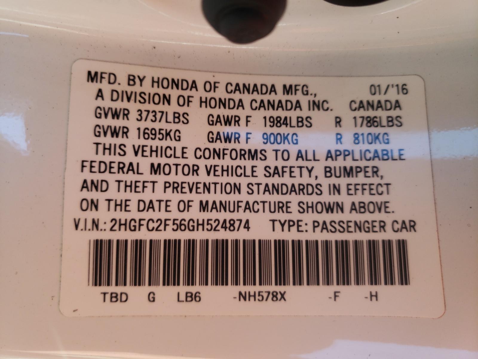 2HGFC2F56GH524874 2016 Honda Civic Lx