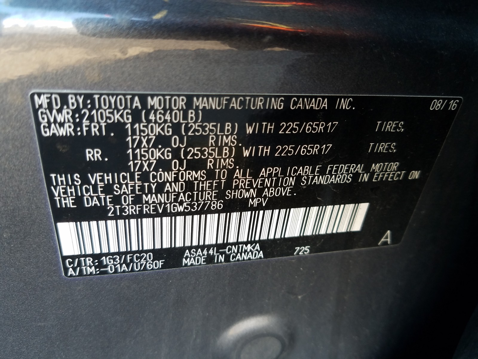 2T3RFREV1GW537786 TOYOTA RAV4 2016