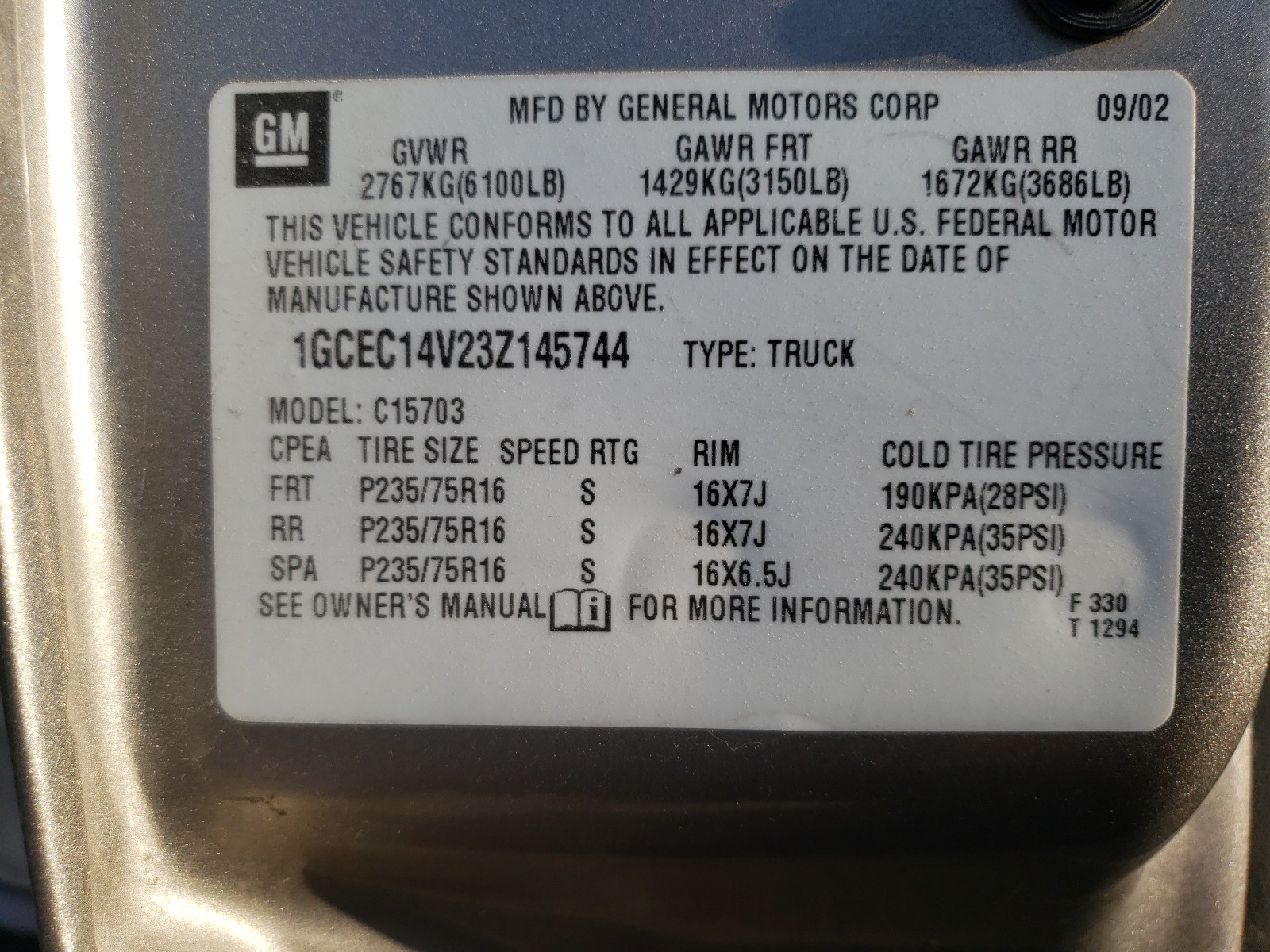 2003 Chevrolet Silverado C1500 VIN: 1GCEC14V23Z145744 Lot: 31887491