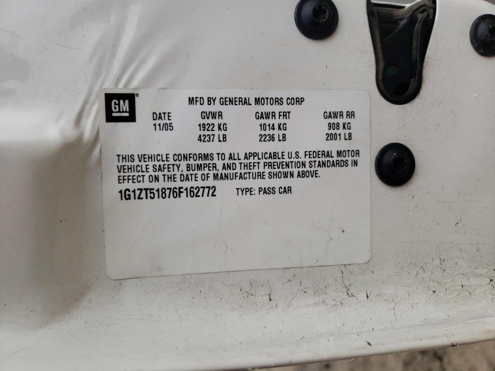 2006 Chevrolet Malibu Lt VIN: 1G1ZT51876F162772 Lot: 40142841