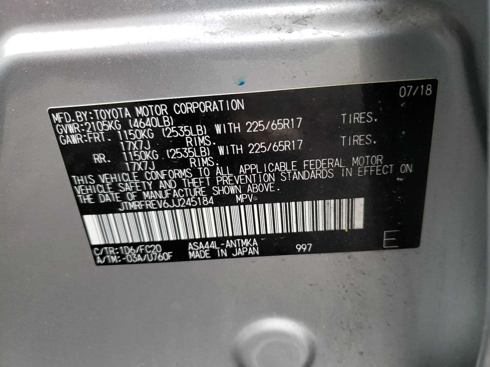 JTMRFREV6JJ245184 TOYOTA RAV4 2018
