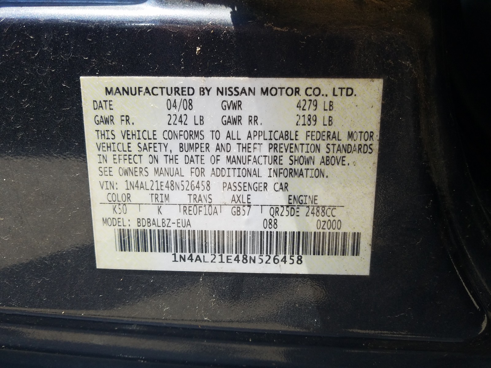 1N4AL21E48N526458 2008 Nissan Altima 2.5