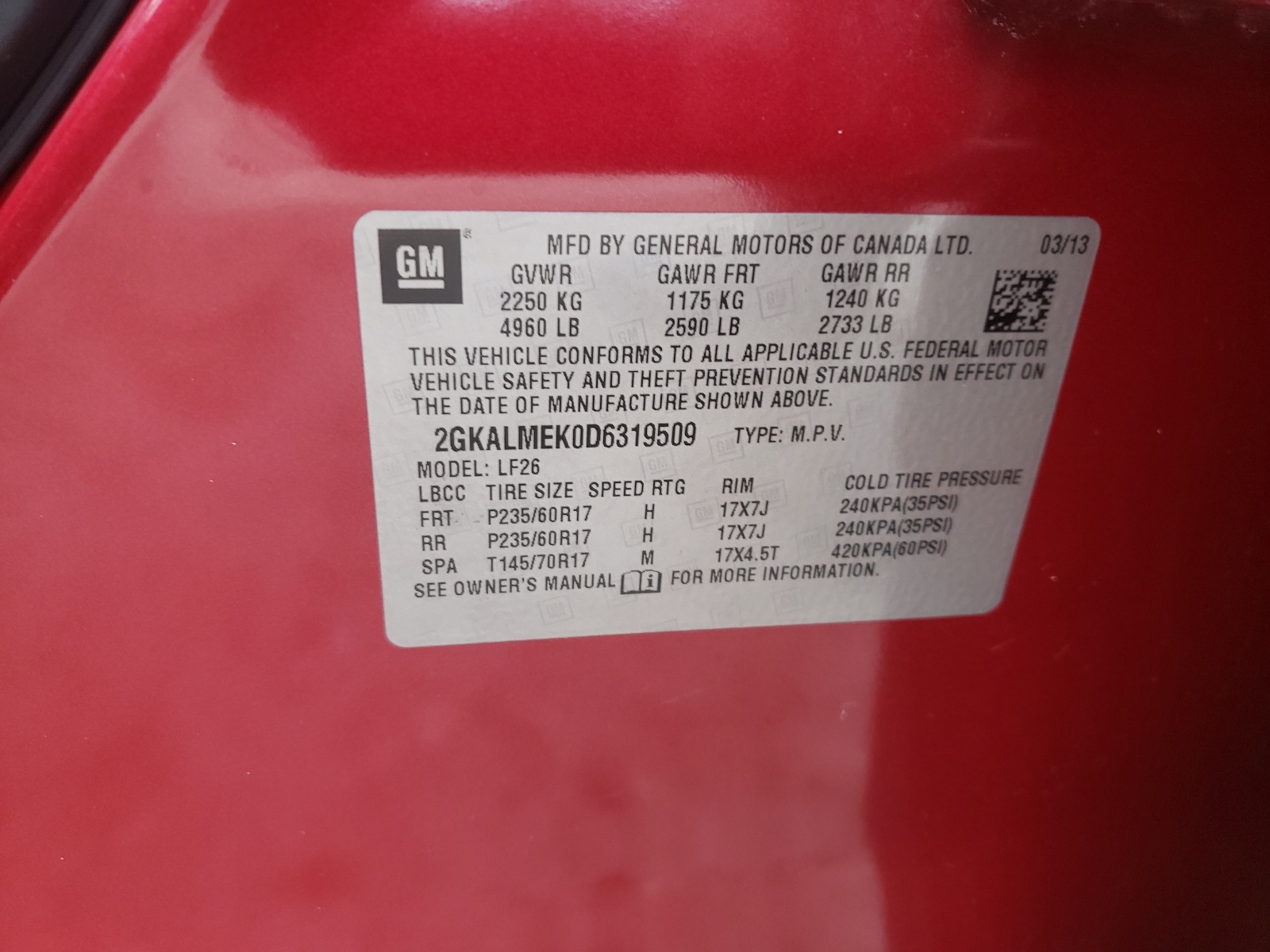 2013 GMC Terrain Sle VIN: 2GKALMEK0D6319509 Lot: 47183141