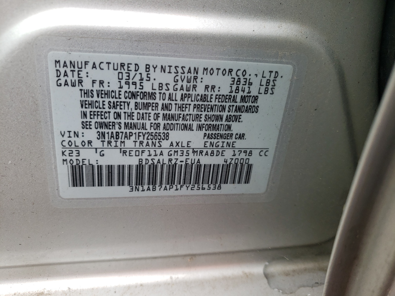 3N1AB7AP1FY256538 2015 Nissan Sentra S