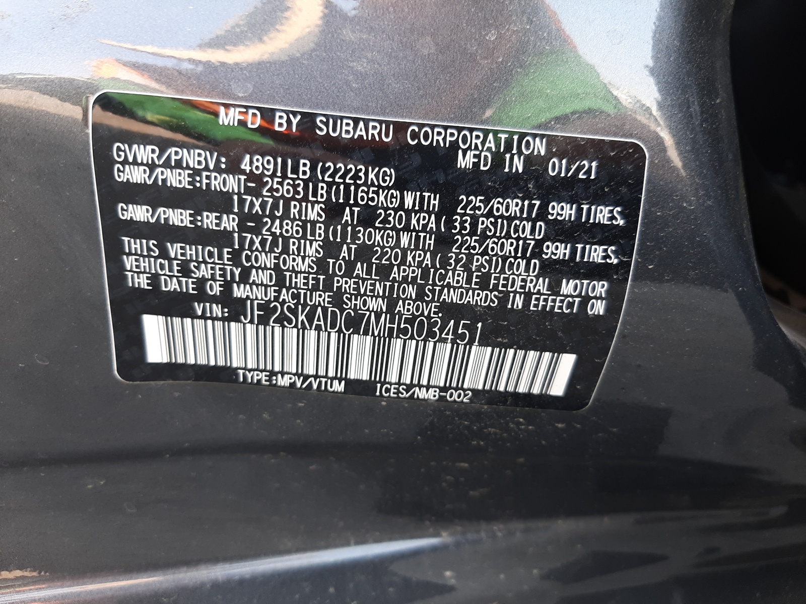 2021 Subaru Forester VIN: JF2SKADC7MH503451 Lot: 54148451