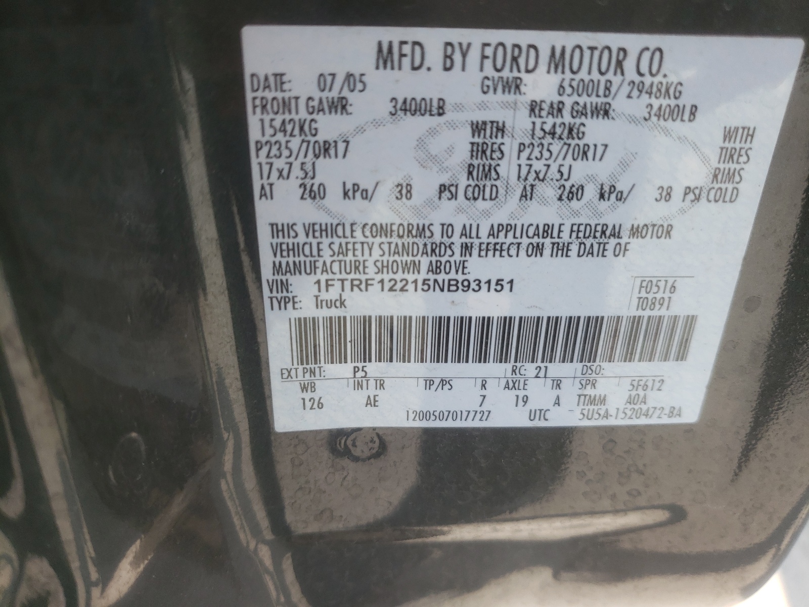 1FTRF12215NB93151 2005 Ford F150