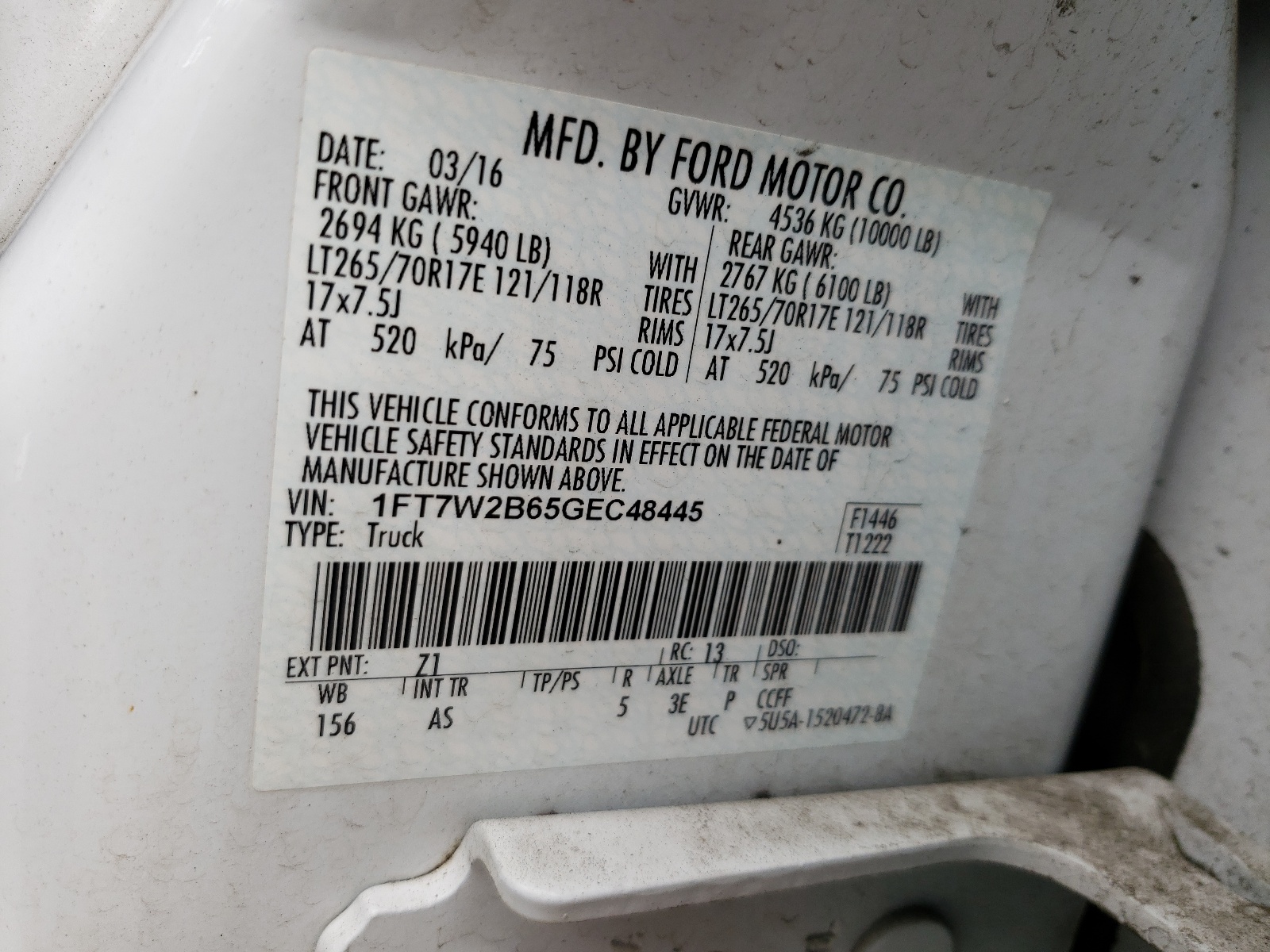 2016 Ford F250 Super Duty VIN: 1FT7W2B65GEC48445 Lot: 52555441