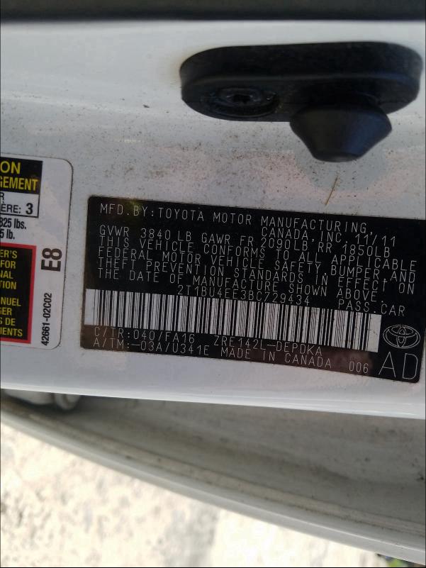 2011 TOYOTA COROLLA BA 2T1BU4EE3BC729434