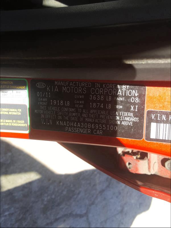 VIN: KNADH4A30B6955100 Auction: COPART Lot: 41015910 Location: KS - KANSAS CITY KNADH4A30B6955100 KIA RIO BASE 2011 RED Photo 10